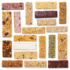 Top view of various healthy granola bars (muesli or cereal bar). Square set of protein bar isolated on white background