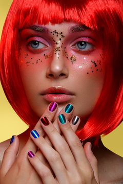 Beautiful Girl In Red Wig