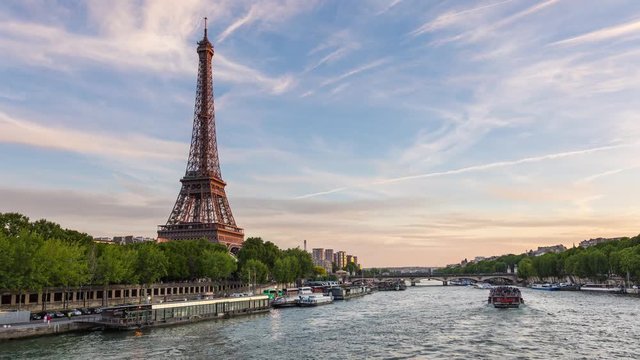 Eiffel Tower and Seine River at Dusk Day Timelapse