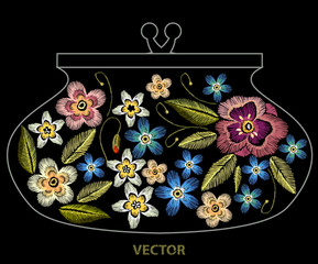 Embroidery flowers template for clutch. Beautiful decorative floral embroidery elegant flowers template pattern