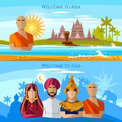 Asia banner. Religion and people of Asia. Hindu, buddhist monk, woman in sari, asian girl in national suit Religions and traditions of Asia and world