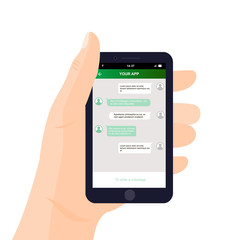Vector mobile chat app interface design. Hand holding smartphone. Chat application concept.
