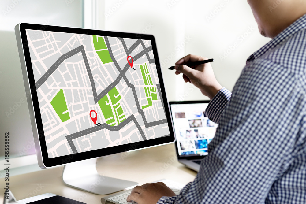 Poster gps map to route destination network connection location street map with gps icons navigation