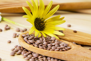 Wooden cutlery and daisies with lentils