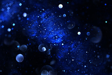 Bright galaxy. Abstract blue drops and sparkles on black background. Fantasy fractal texture. Digital art. 3D rendering.