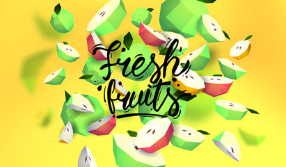 Creative background with low poly fruit. Illustration with polygonal apple.
