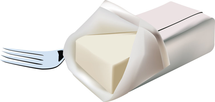 mattoncino di burro su sfondo bianco con forchetta