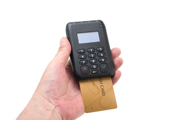 カードリーダー　端末　読取機　POS Terminal with credit card isolated on a white background
