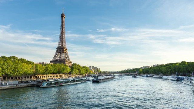 Eiffel Tower in Paris, France and Seine River Day Timelapse