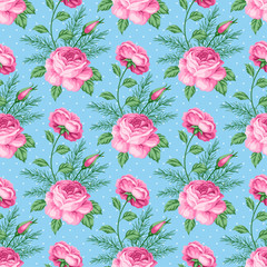 Seamless pattern with roses and flowers. Vector Illustration in retro style