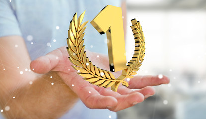 Businessman winning the first golden price 3D rendering