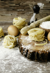 A set of products for cooking pasta with wheat flour, a selective focus