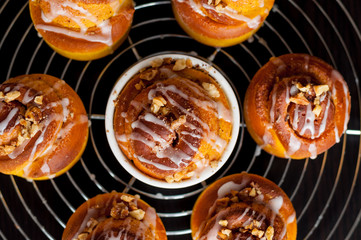 Sweet cinnamon buns. Top view