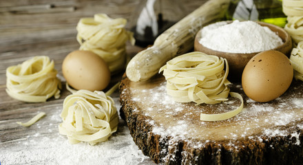 A set of products for cooking pasta with wheat flour, a selective focus