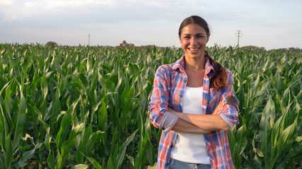 Beautiful girl (woman) farmer smiling, looking, checking cornfield, young tanned, green background....