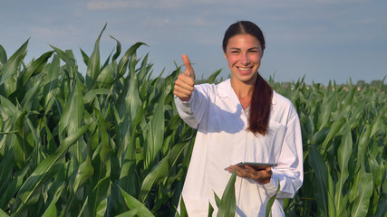 A plant specialist, examines the corn fields, in a white robe, the girl (woman) smiles, the background is green. Concept: ecology, bio product, inspection, water, natural products, professional, green