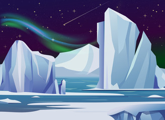 Vector illustration arctic night landscape with, iceberg and mountains. Cold climate winter background polar lights and stars. © Natalia