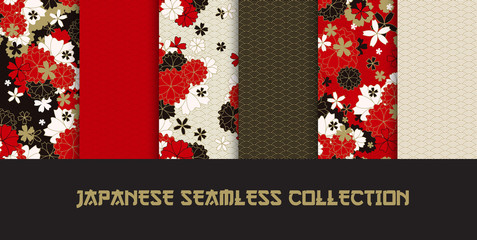 Set of Japanese classic sakura and ornaments seamless patterns for traditional fabric, asian festive design in red, black, white, golden with spring flowers in blossom, vector illustration - 158345957