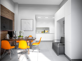 Gray White Urban Contemporary Modern Minimalism High-tech Kitchen in Office Interior Design. 3d rendering - 158345980