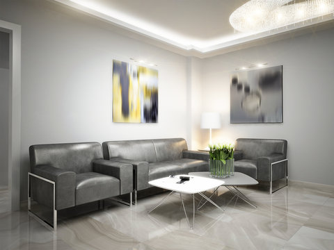 Gray White Urban Contemporary Modern Minimalism High-tech Reception Waiting Room in Office Interior Design. 3d rendering