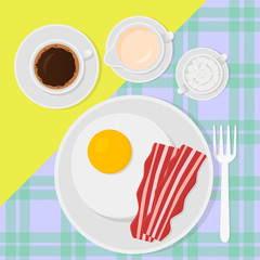 Breakfast top view vector illustration in flat style with scrambled eggs, bacon, coffee and milk.