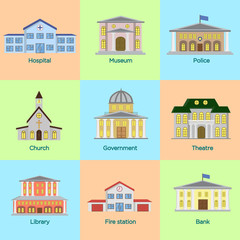 Vector illustration icons set of colorful public buildings in flat style.