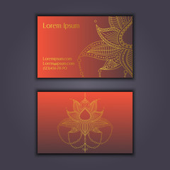 Vector vintage visiting card set. Glowing shiny floral mandala pattern and ornaments. Luxury design.