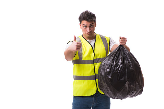 Man with garbage sack isolated on white