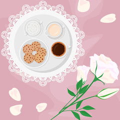 Vector illustration of morning coffee, milk, sugar and sweets in bed with flowers and biscuits with chocolate drops, on pink background in flat cartoon style.