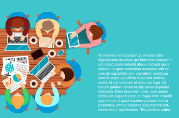 Vector illustration top view of working people at the table with laptops and documents.