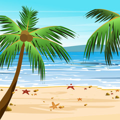 Vector illustration of beach with palms, sand, blue ocean water and sky. Summer tropical view in cartoon flat style.