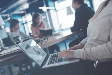 Business team brainstorming in coworking office. Woman working with laptop. Four people