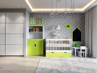 Bright and cozy children's room in modern urban contemporary style interior design with Gray Walls, White furniture with light green accents, Baby bed, Teen bed, large wardrobe and work desk - 158350934
