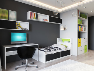 Bright and cozy children's room in modern urban contemporary style interior design with Gray Walls, White furniture with light green accents, Baby bed, Teen bed, large wardrobe and work desk - 158350938