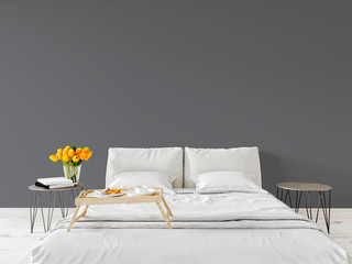Spring morning Mock up wall bedroom interior urban contemporary design. Scandinavian style interior. 3d rendering