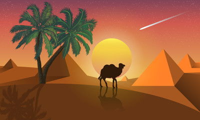 Landscape of palm and camel on a background of desert pyramids