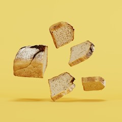 Bread floating on yellow background. minimal food concept idea.