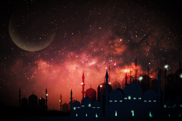 Ramadan Kareem season greeting with mosque and shiny star night 