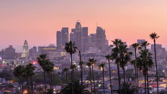 Zoom in day to night transition time lapse Los Angeles downtown and palm trees in foreground