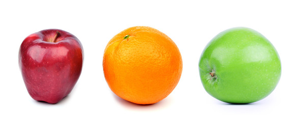Orange and apples on white background, red, orange and green color.