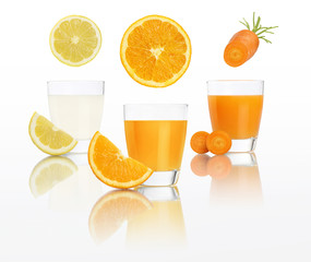 Orange , lemon, carrot, juice in glass isolated on white. Healthy food and natural nutrition diet concept