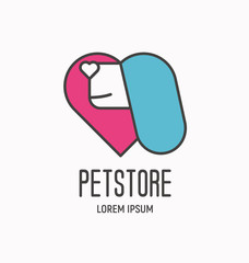 Simple colorful logotype with dog for vet clinic, pet shop, dog training or dog shelter. Vector illustration in modern flat line style.