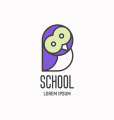 Logo with cartoon wise owl, design element for school, business, pet shop. Vector illustration.