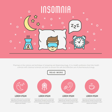 Insomnia and sleep concept. Man in sleeping mask lying on comfortable pillow near clock and aromalamp. Around moon and bubble with Zzz sign. Thin line vector illustration.