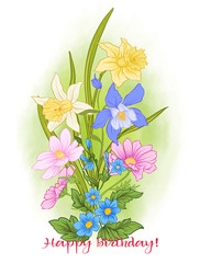 Composition with summer flowers: poppy, daffodil, anemone, violet, in botanical style. Good for greeting card for birthday, invitation or banner
Stock line vector illustration.