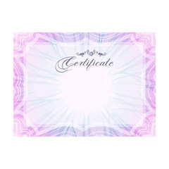 Pink and blue horizontal guilloche certificate template, official paper, document certifying education qualification award, final exam result, rosette pattern, vector illustration on white