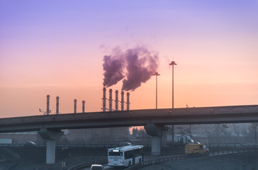 Large elevated traffic highway at sunset