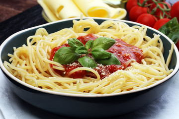 Plate of delicious spaghetti Bolognaise or Bolognese with savory minced beef and tomato sauce garnished with parmesan cheese and basil