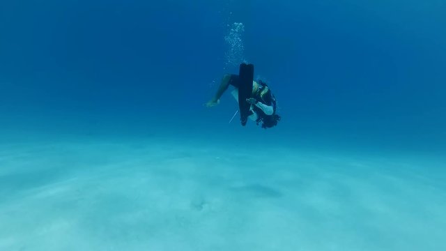 Scuba diver does a somersault under water - Indian Ocean, Maldives  
