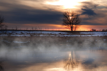 Fototapeta premium foggy morning sunny landscape with tree grass and river